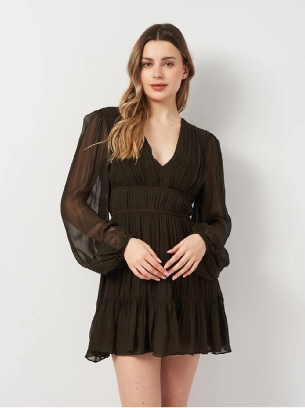 Zara Pleated Mini Dress in Chocolate Brown- Like New